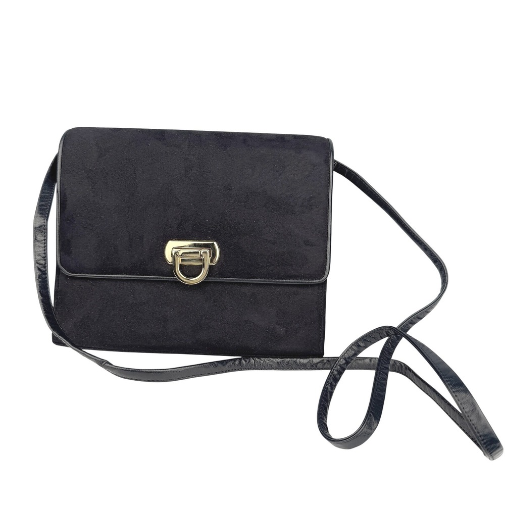 Vintage 90s Purse Frenchy of California‎ Suede Leather Navy Blue Shoulder